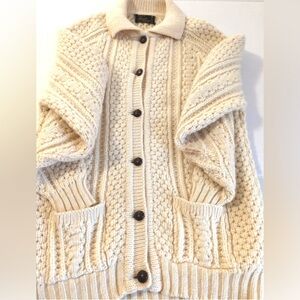 Vintage Wool Cable Knit Cream Cardigan Sweater Hand Loomed  Sz L Made In Ireland